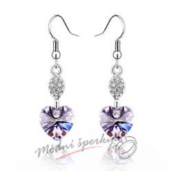 Náušnice Long heart with crystal  light purple s krystaly Swarovski Elements