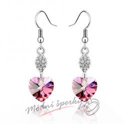 Náušnice Long heart with crystal rose s krystaly Swarovski Elements