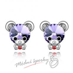 Náušnice Méďa fialový s krystaly Swarovski Elements