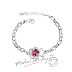 Náramek s krystaly Swarovski Elements medvídek s květinou tmavě růžovou