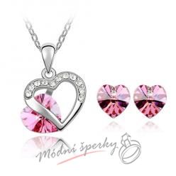 Růžový srdíčkový set s krystaly Swarovski Elements