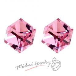 Náušnice růžová krychle s krystaly SWAROVSKI ELEMENTS