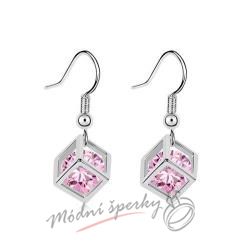 Náušnice visací krychličky růžové s krystaly swarovski elements